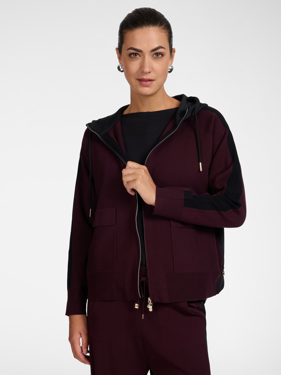 Strickjacke mit Kapuze, Rei&szlig;verschluss und Kontraststreifen