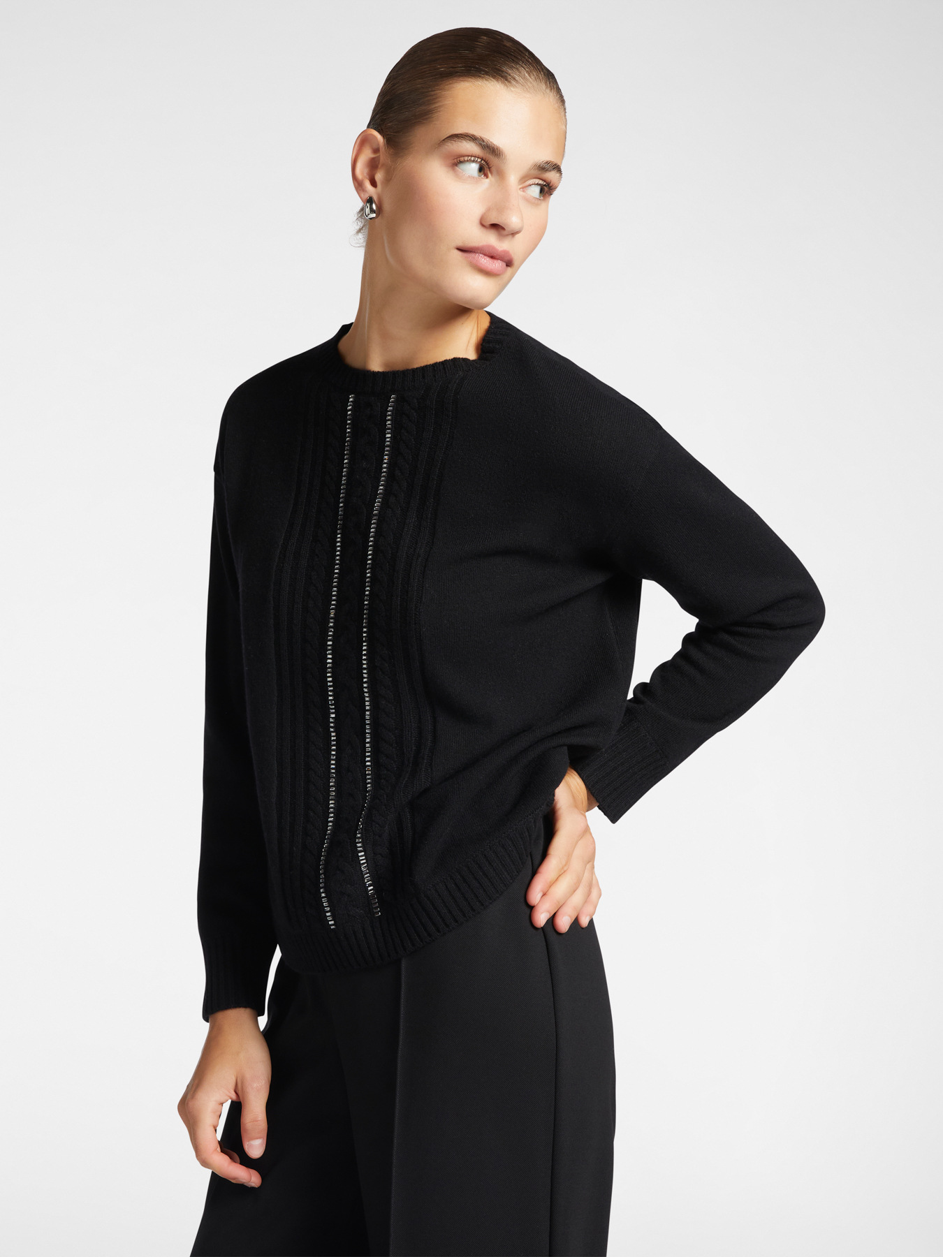 Wool sweater with cabling and applications image number 0