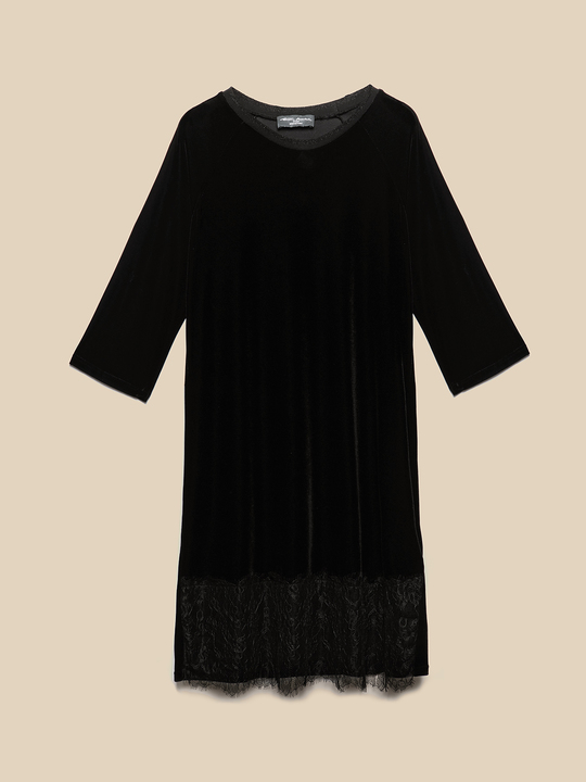 Elenamiro: Abito in velluto con bordo in pizzo Nero_1