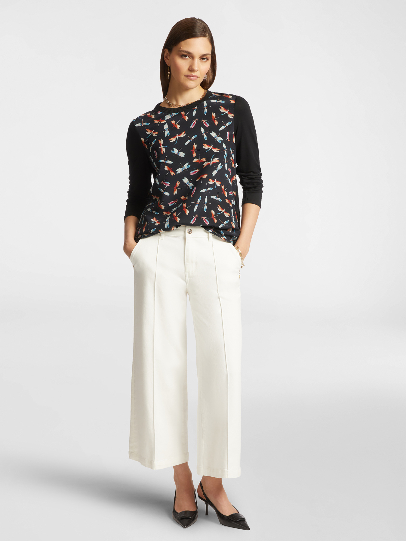 Dual-fabric T-shirt with print image number 2