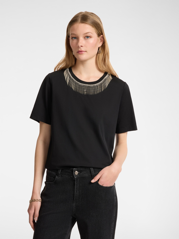 Elena Mirò - T-shirt con frange in strass Donna, Nero Taglia: XS (42 IT)