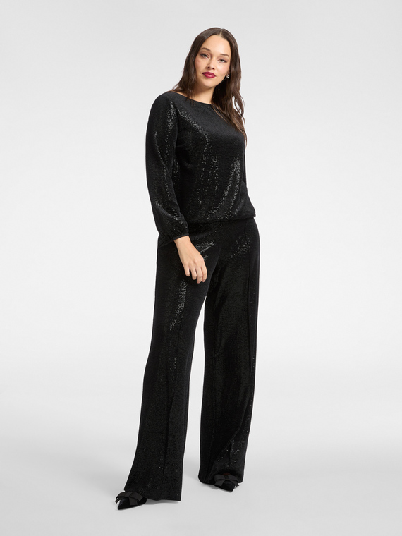 Pantalon palazzo en chenille lamin&eacute;e