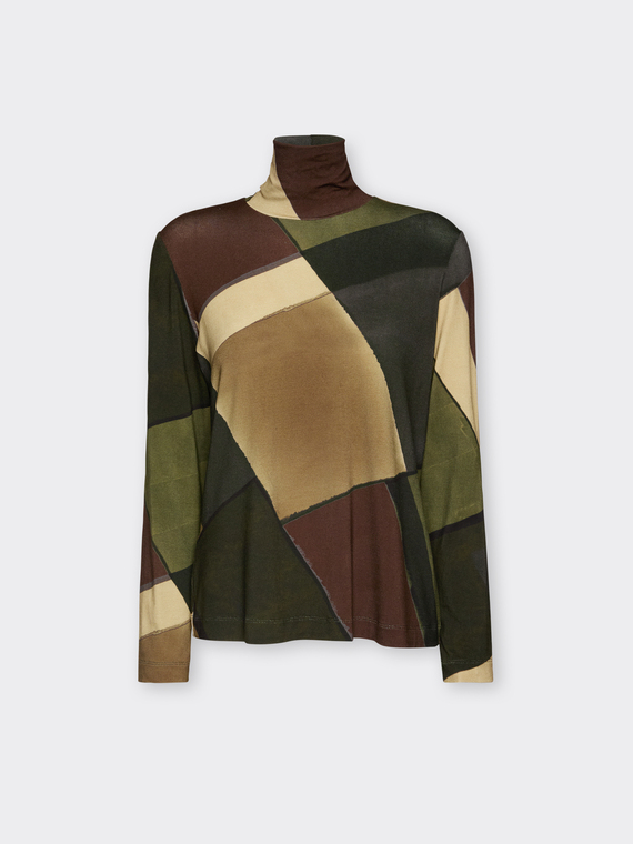 T-shirt gola alta em viscose estampada