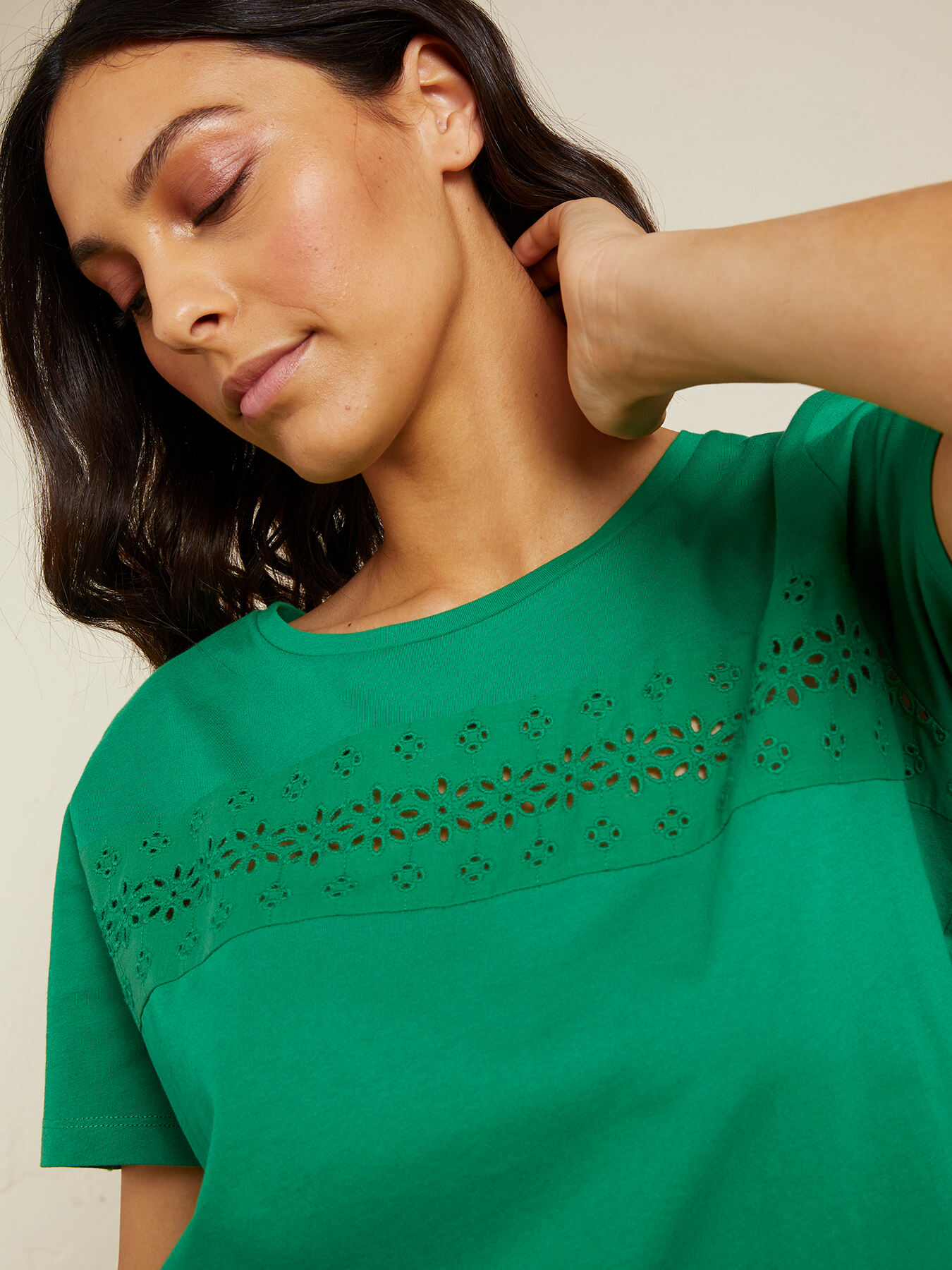 T-shirt with broderie anglaise insert image number 3