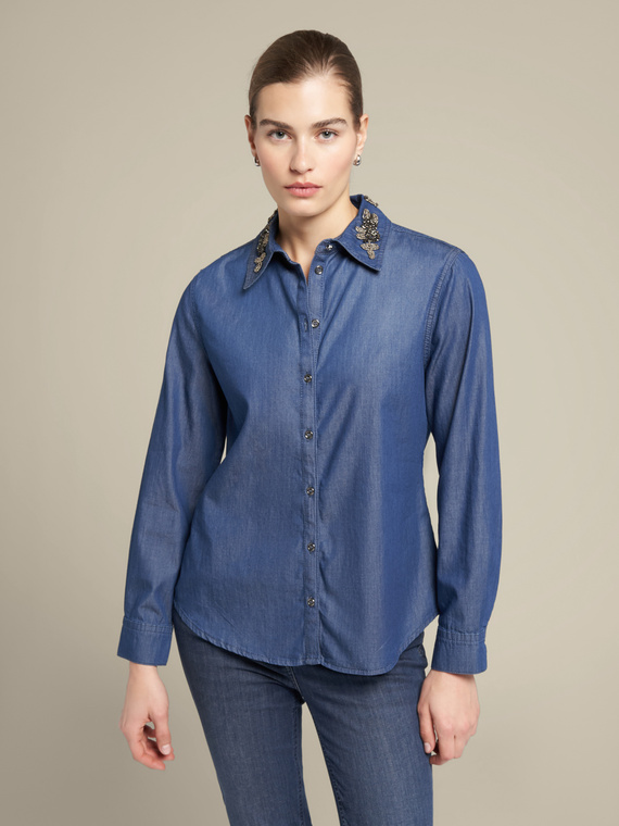 Denim shirt with hand embroidery on the collar