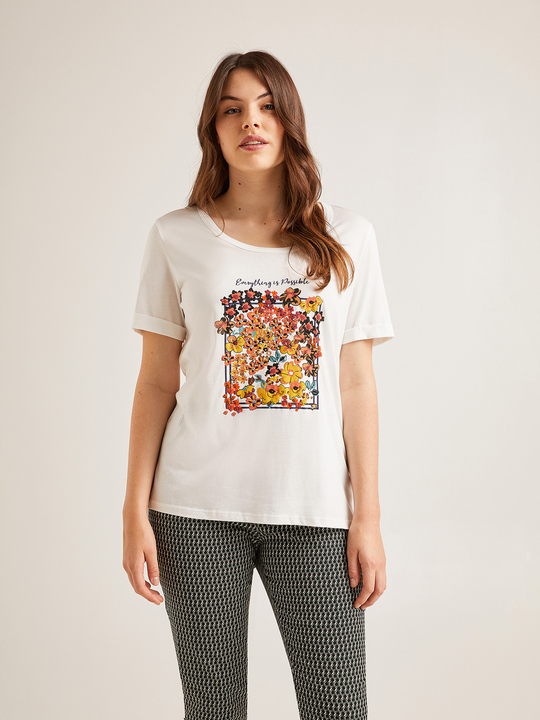 Elenamiro: T-shirt com estampa de flores na parte frontal Branco_1