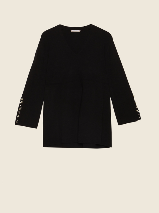Elenamiro&nbsp;: Chandail avec broderie en perles et cristaux dans le bas des manches Noir_1