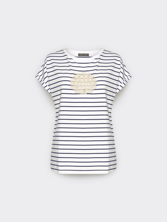 Gestreiftes Baumwoll-T-Shirt mit Stickerei
