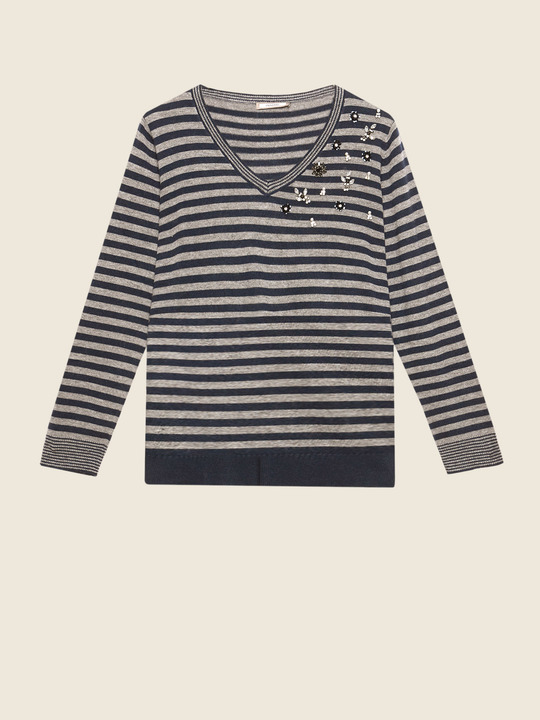 Elenamiro: Sweater &agrave;s riscas com bordado Azul_1