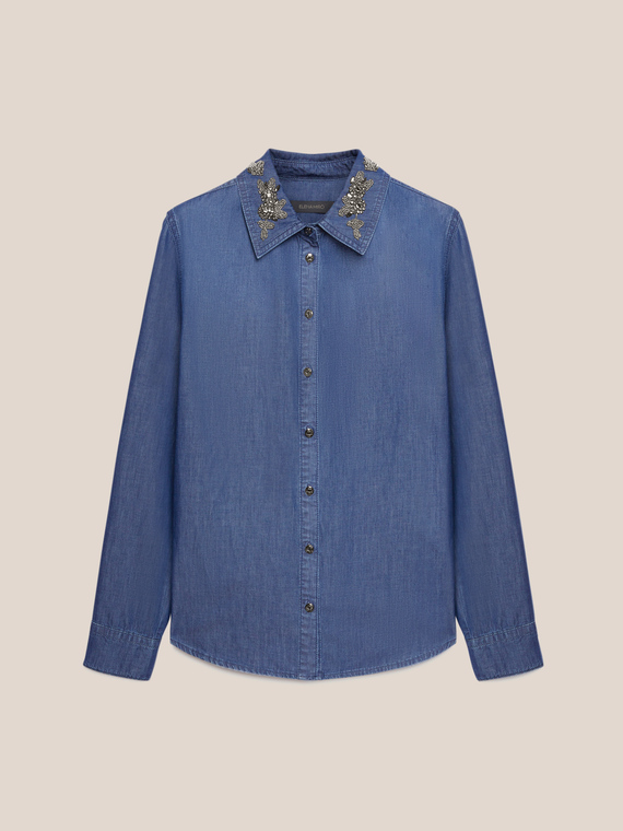 Denim shirt with hand embroidery on the collar