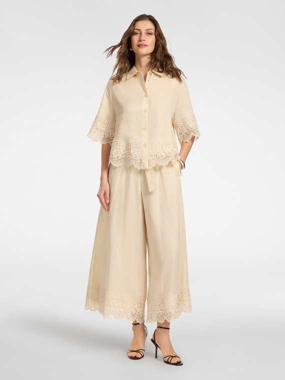Cropped linen trousers with lace
