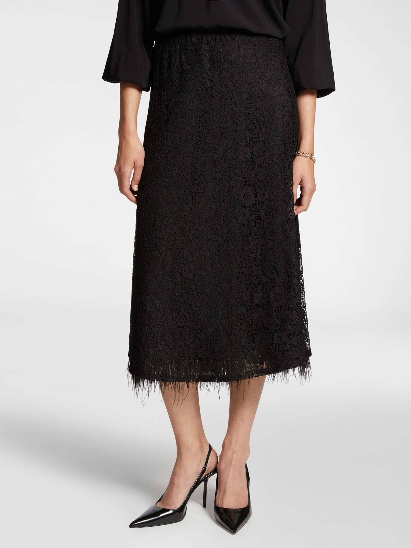 Midi-Rock aus Spitze mit Federbesatz am Saum image number 2