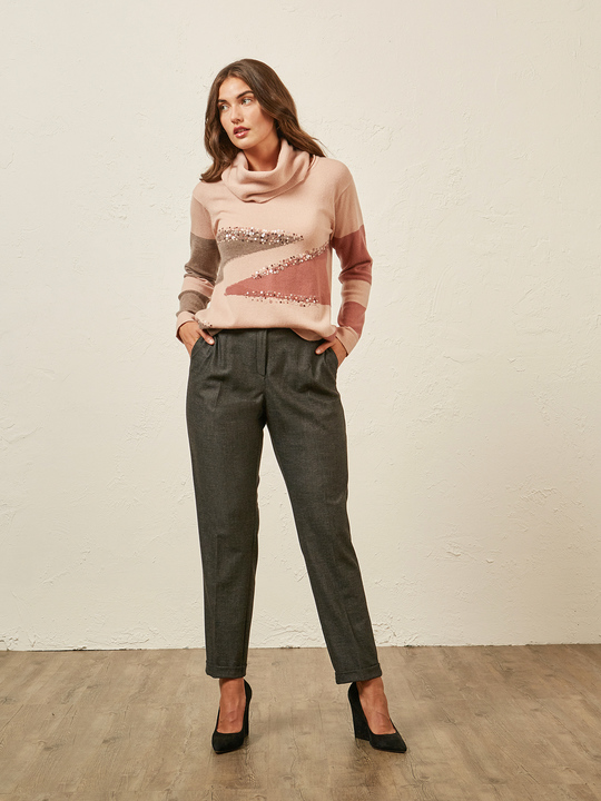 Elenamiro&nbsp;: Pantalon droit en tissu m&eacute;lang&eacute; Noir_1