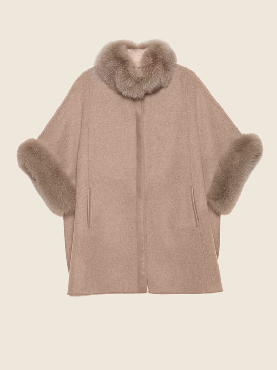 Elenamiro&nbsp;: Veste trois-quarts en drap avec bords en fourrure Beige_1