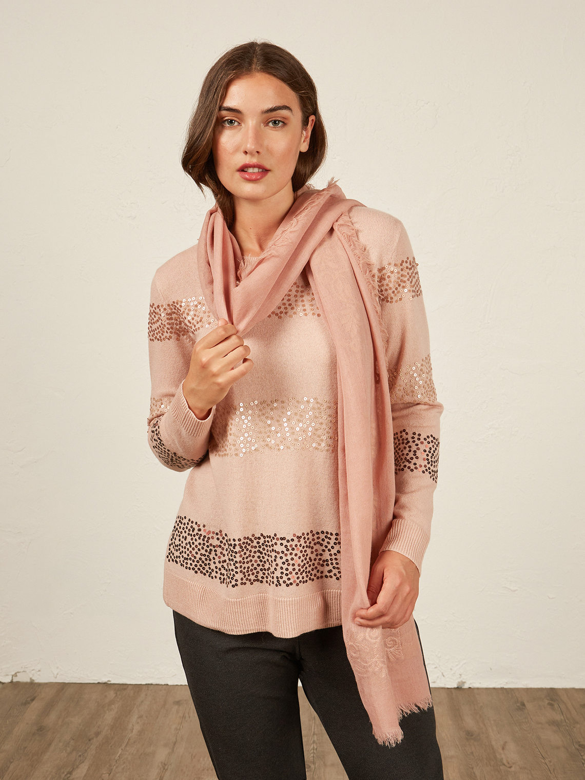 Elenamiro: Stola aus Wolle mit Spitze Rosa_1