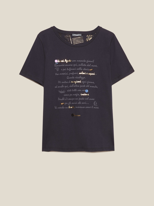 Elenamiro: T-shirt con scritta e applicazioni Azul_1