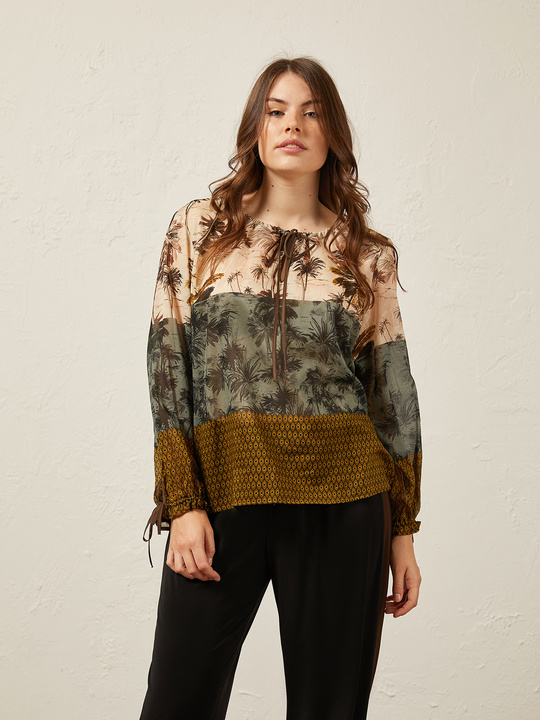 Elenamiro&nbsp;: Blouse imprim&eacute;e avec lacets Beige_1