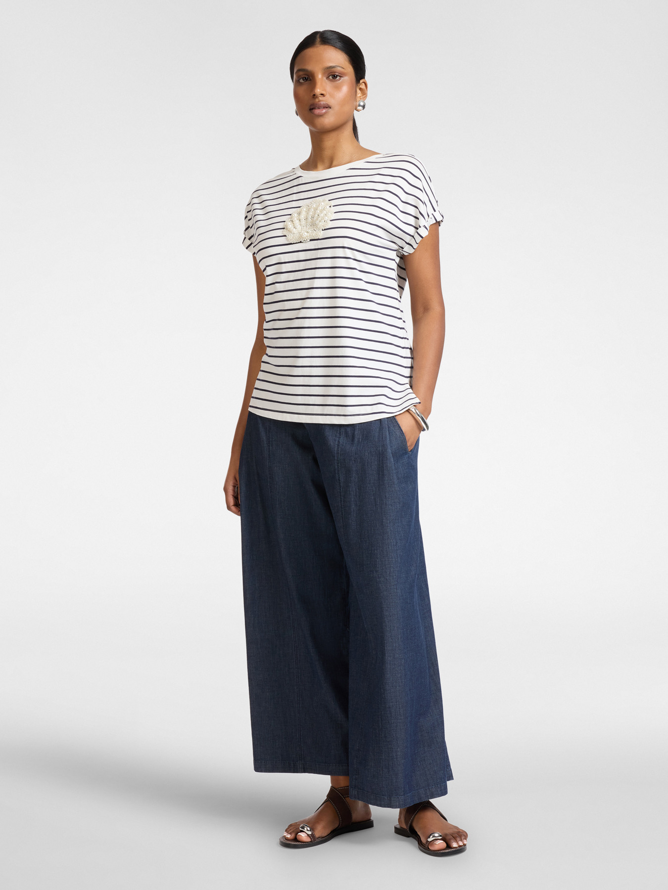 Striped cotton T-shirt with embroidery image number 2