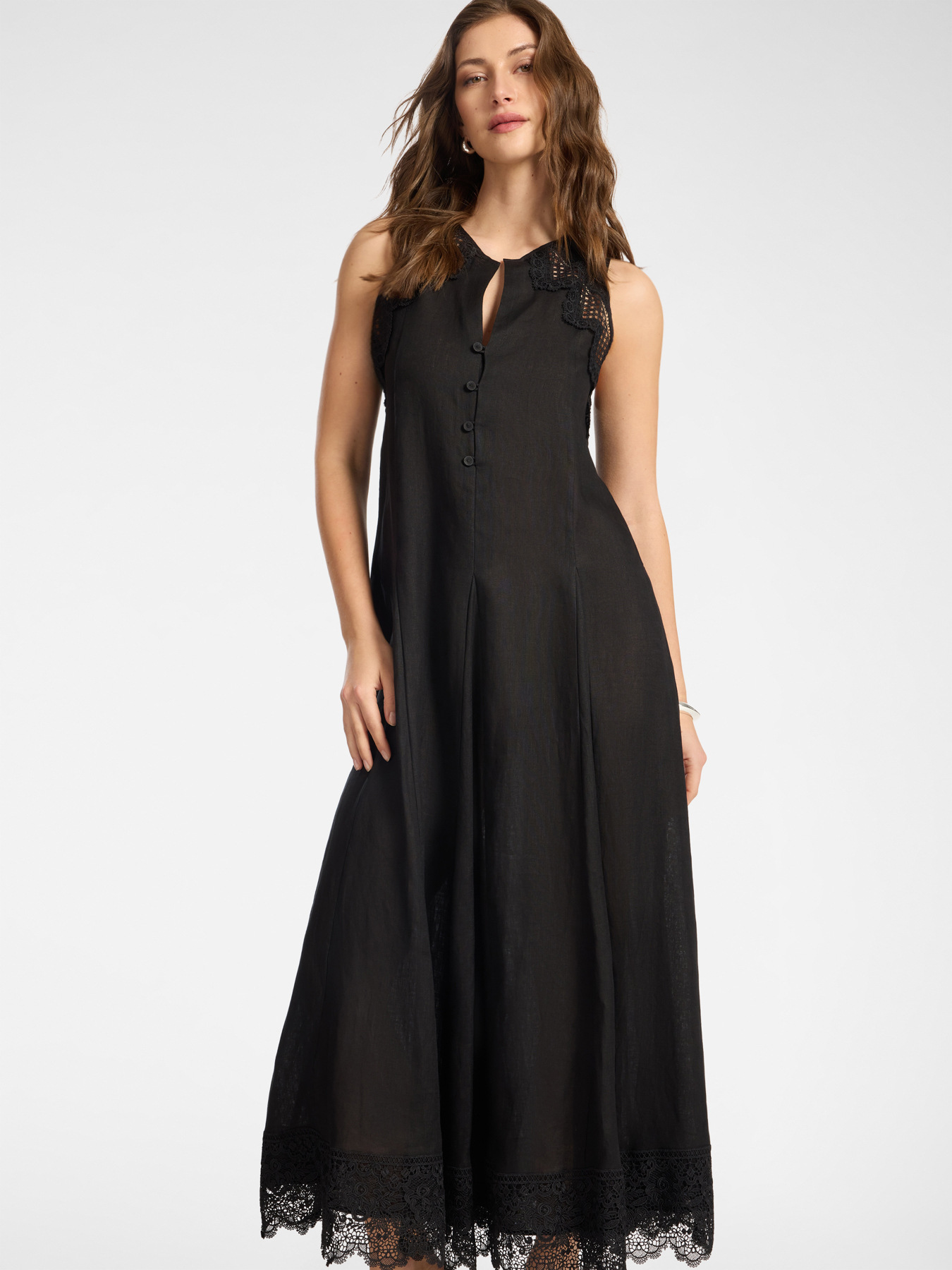 Vestido largo de lino con encaje image number 2