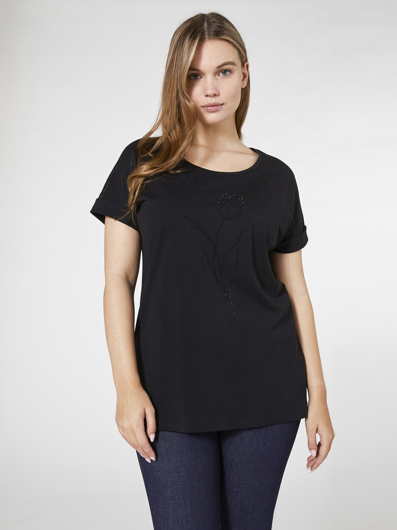 T-shirt con fiore in cristalli image number 1