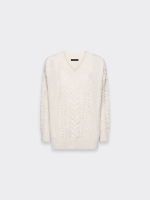 Zopfstrickpullover aus Wolle mit V-Ausschnitt