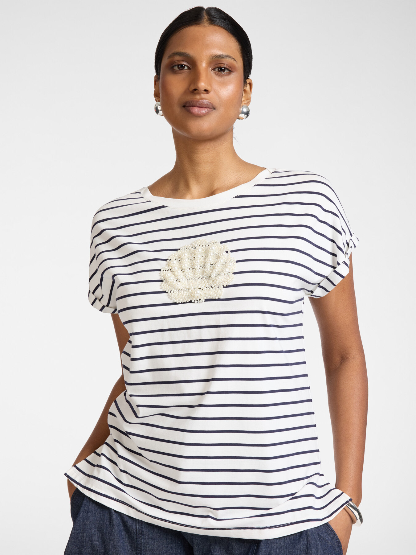Striped cotton T-shirt with embroidery image number 0
